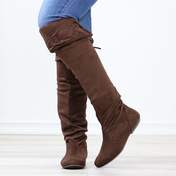 Fold Over Brown Thigh High Over The Knee Flat No Heel Boots Faux Suede Pointed - Picture 11 of 14